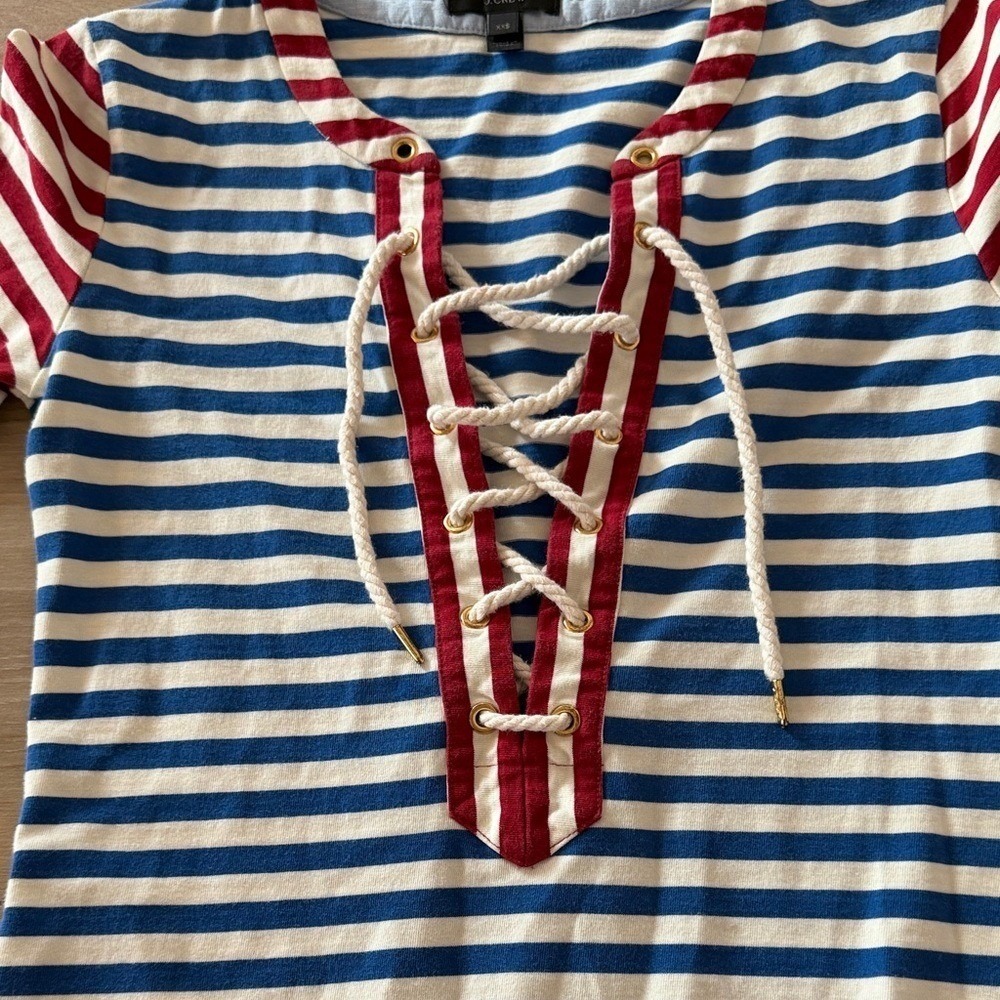 J.Crew Womens Nautical Striped Lace‎ Up Rope Neckline Dress Blue Red XXS - Picture 3 of 7